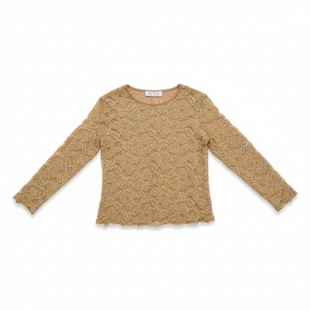 Petite Sophisticate Gold Floral Lace Long Sleeve Shimmer Top Crew Neck Lined